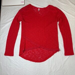 No Boundaries Red V Neck Lace Trim Long Sleeve‎ Sweater Top Women L G 11 13